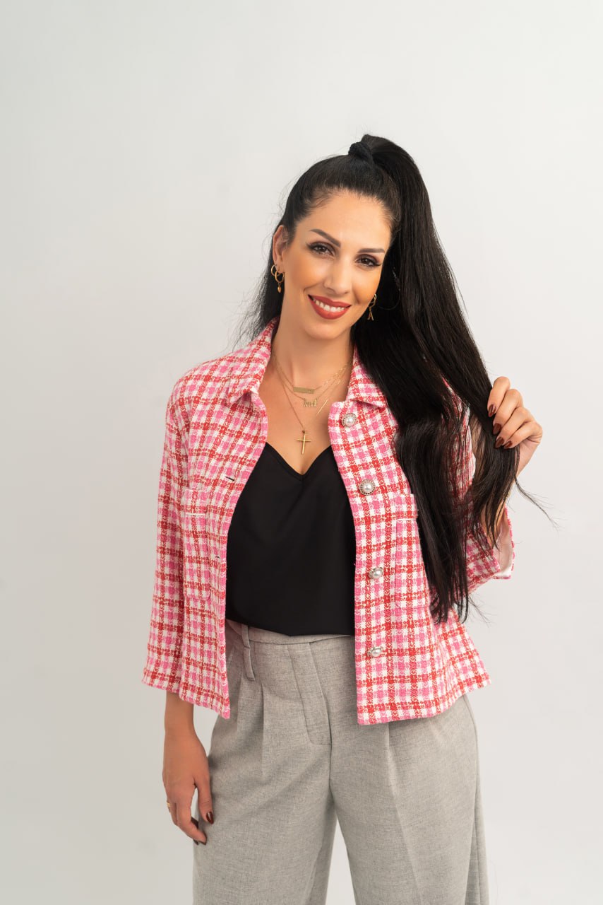 Women’s Short Tweed Blazer – Pink Tweed Check