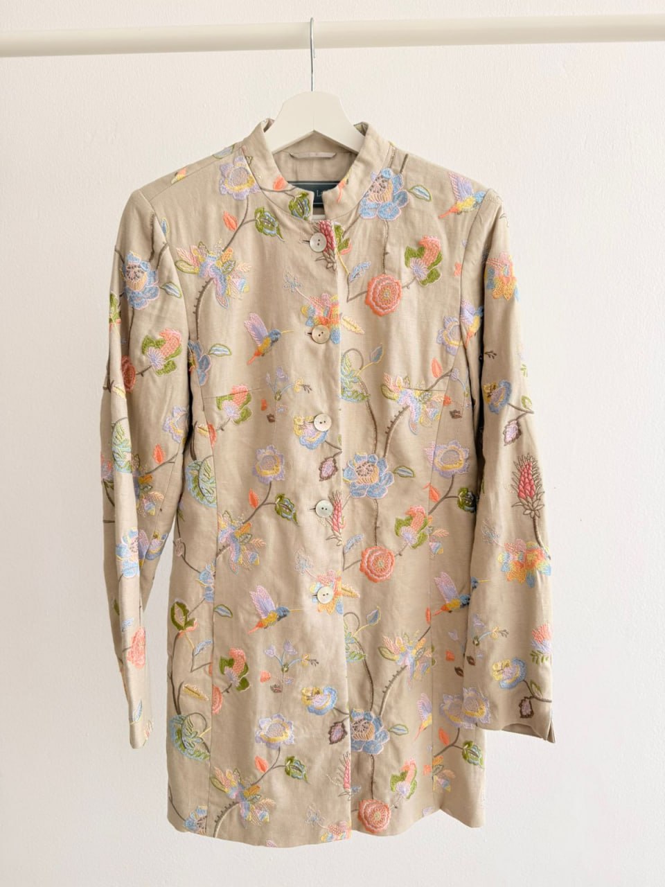 Women’s Long Linen Blazer – Coffee Linen with Embroidery