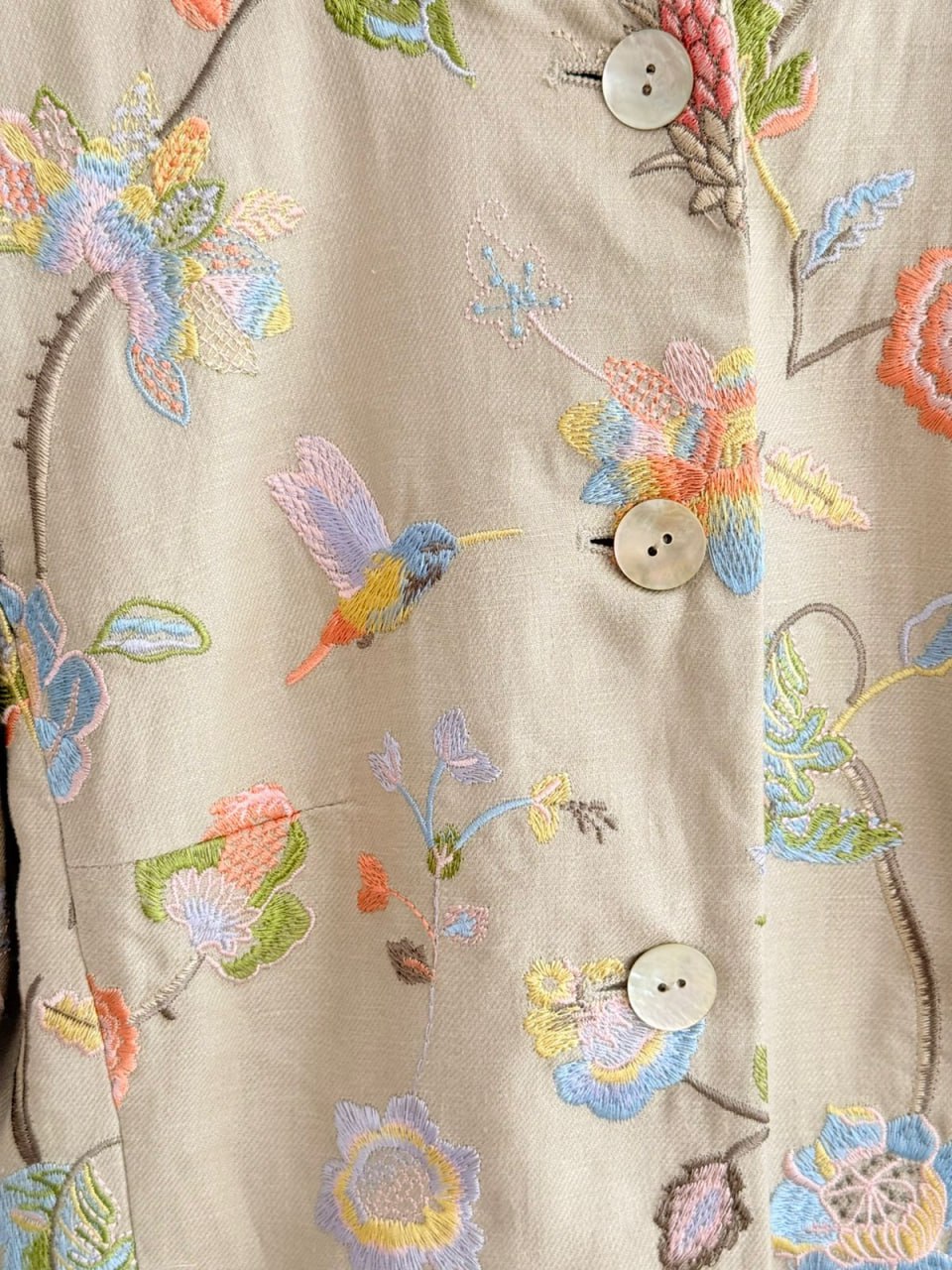 Women’s Long Linen Blazer – Coffee Linen with Embroidery