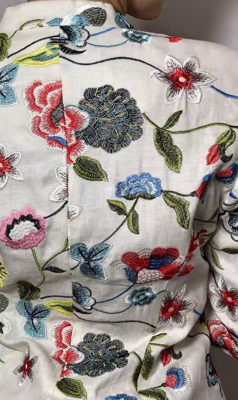 Women’s Long Linen Blazer – Pure White Linen with Embroidery