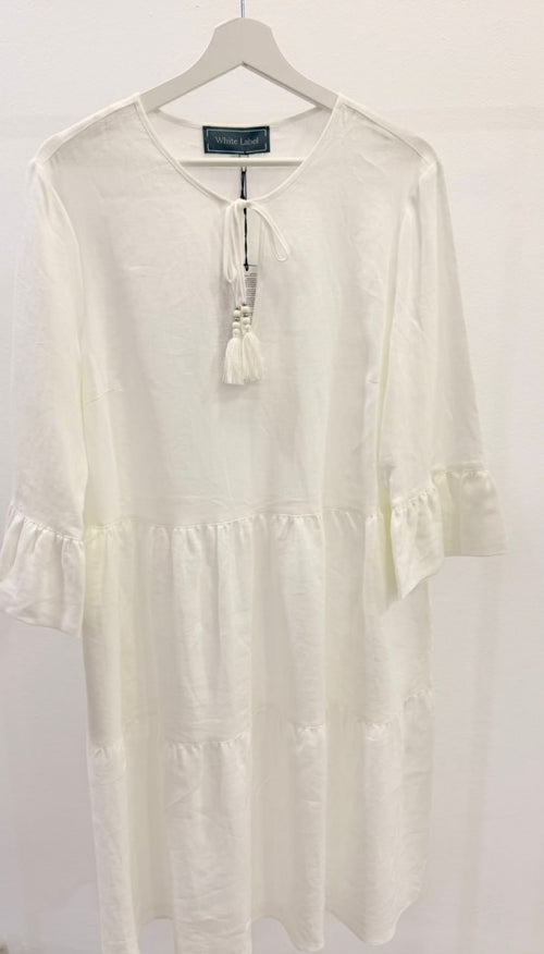 Women’s 100% Linen Tiered Dress – White
