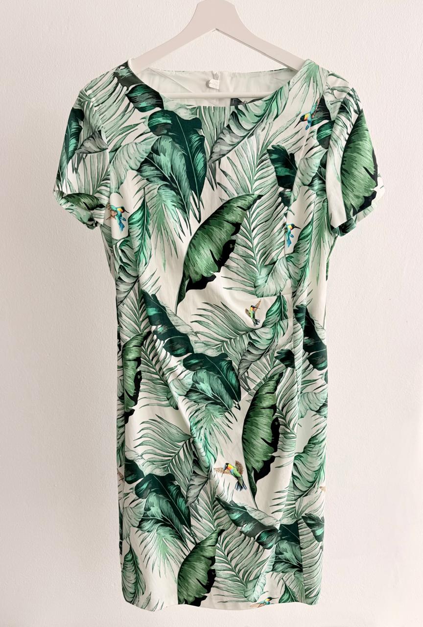 Women’s Tropical Leaf Dress – Green/White (Short Sleeve)