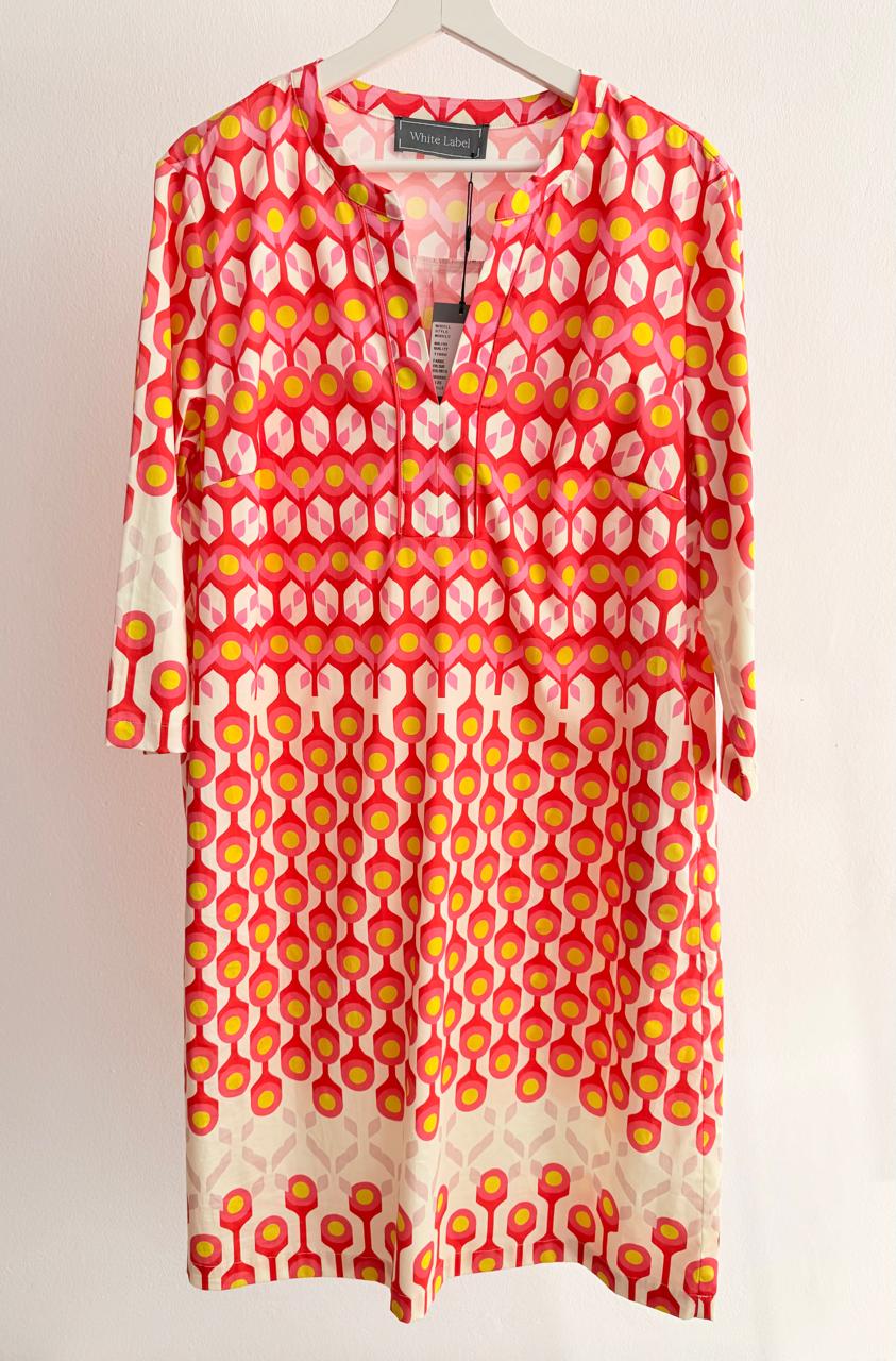 Women’s Geometric Print Dress – Red/Pink/Yellow (3/4 Sleeve)