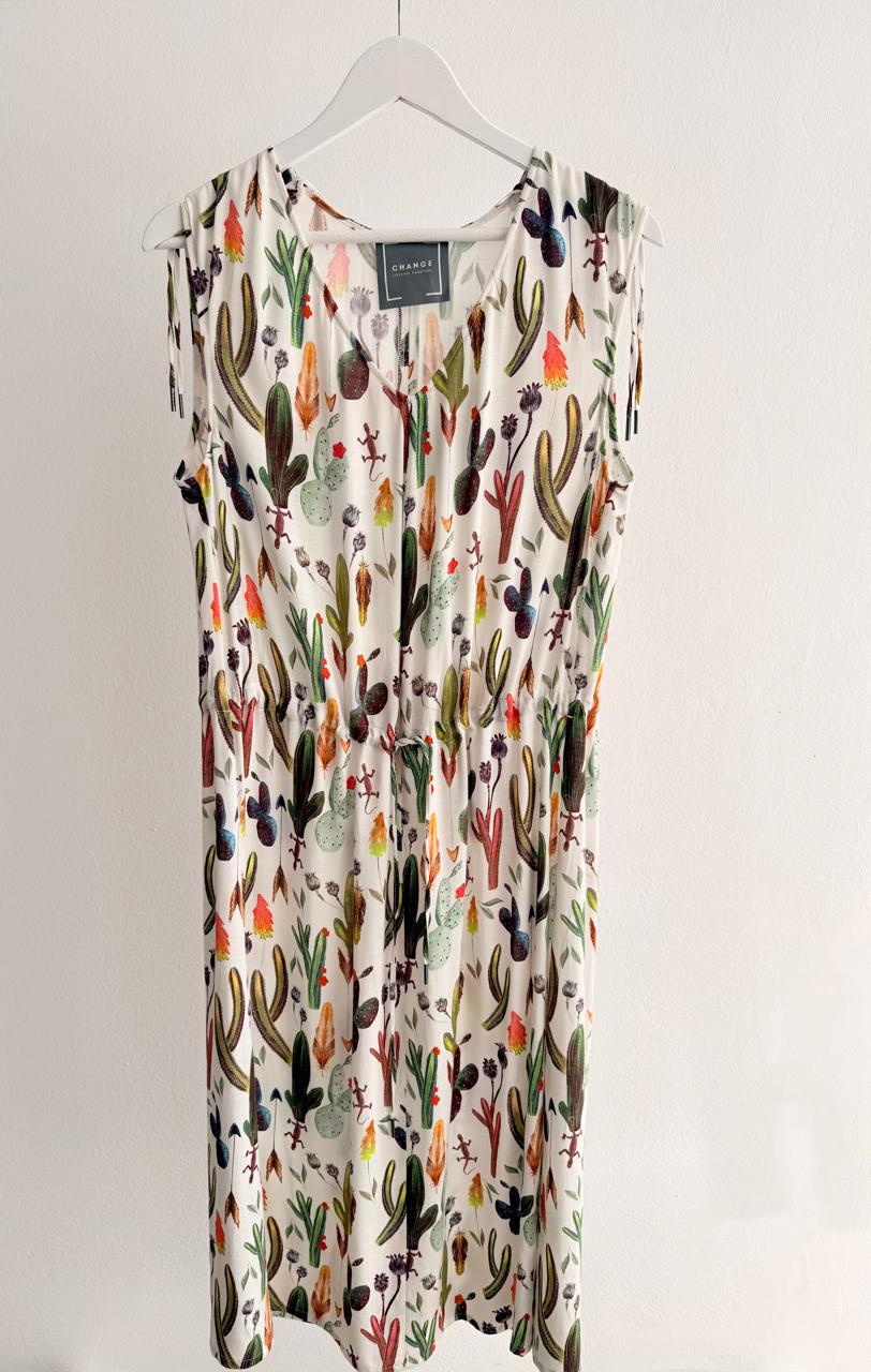 Women’s Cactus Print Dress – White Multicolor (Sleeveless)