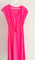 Women’s V-Neck Drawstring Dress – Hot Pink (Cap Sleeve)