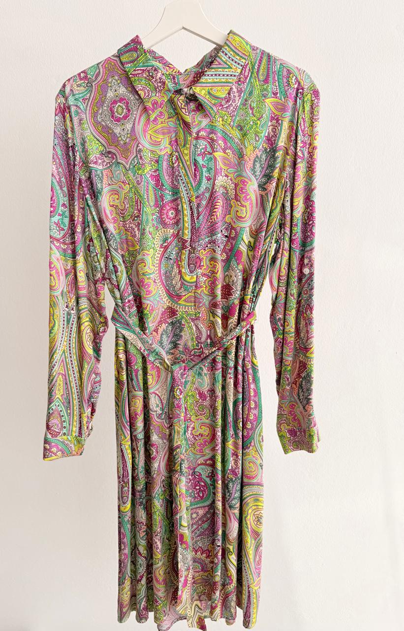 Women’s Paisley Multicolor Dress – Pink/Green/Yellow (Long Sleeve)