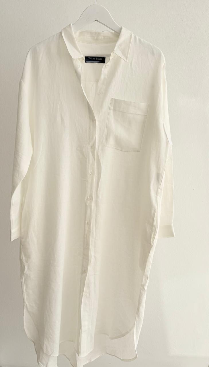 Women’s Linen Shirt Dress – White (Long Sleeve)