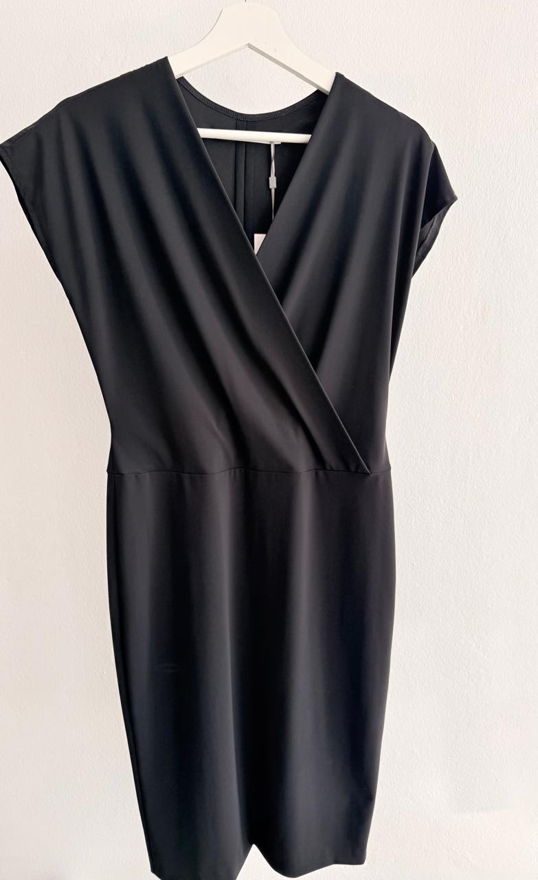 Women’s Wrap V-Neck Dress – Black (Cap Sleeve)