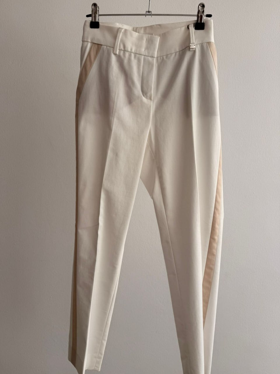 Women’s Tailored Pants with Contrast Side Panels – White & Coffee