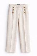 Women’s Linen Tailored Pants with Gold Buttons – Greige