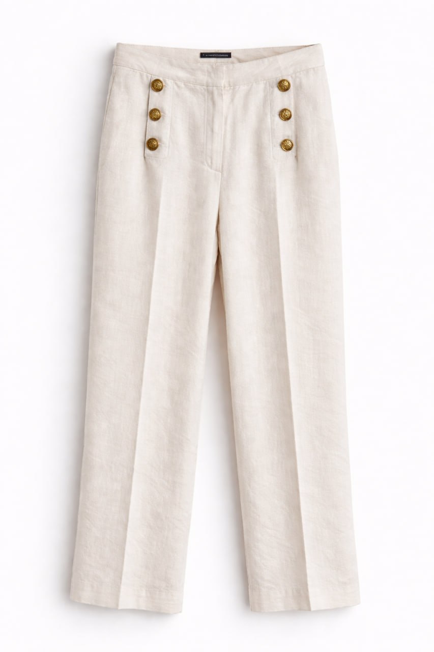 Women’s Linen Tailored Pants with Gold Buttons – Greige